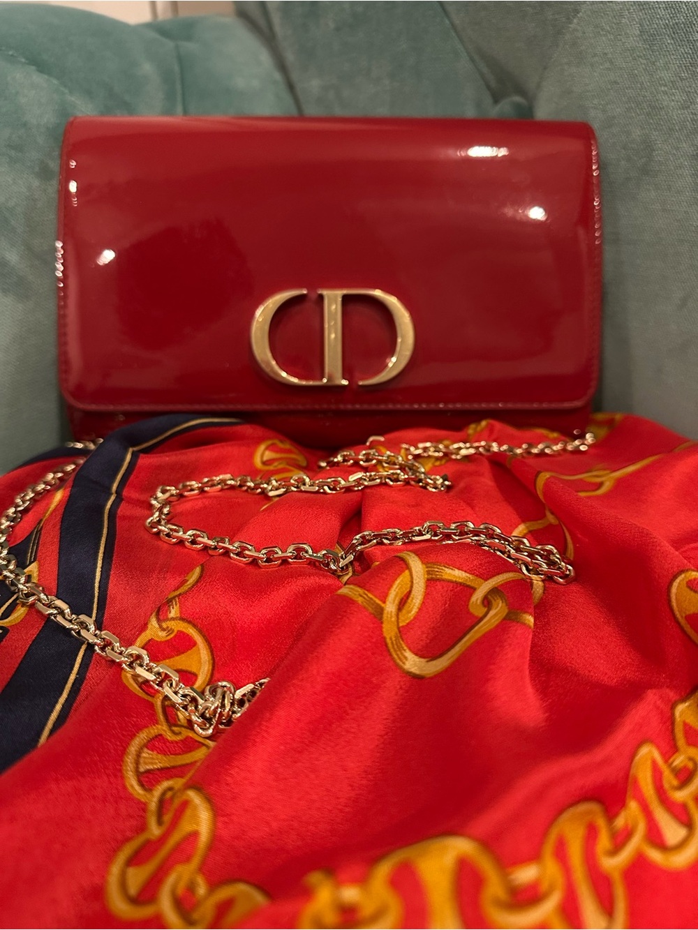 Dior Red Patent Leather Clutch with Gold CD Emblem and Chain